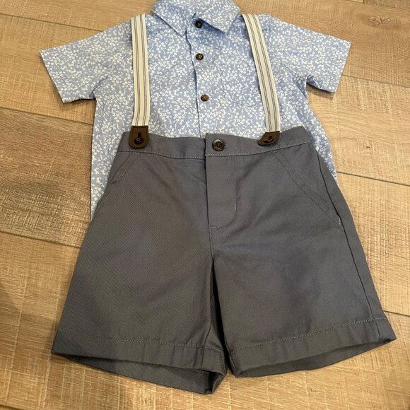 CARTERS BOY 24 MONTH 2 PIECE OVERALL SHORT SET NWOT BLUE AND GRAY - Picture 2 of 10